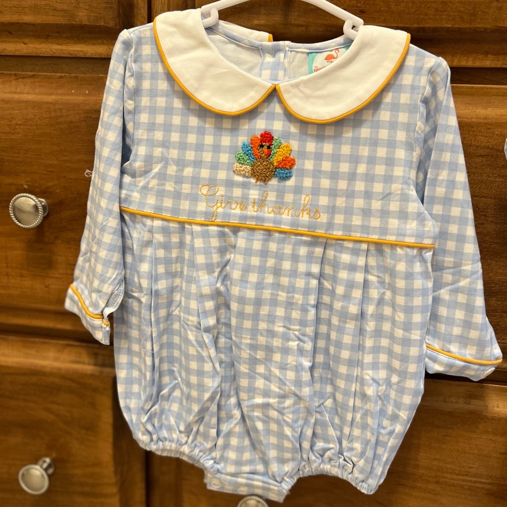 Blue and White Gingham Kids bubble with Turkey